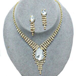Gold Clear Crystal Rhinestone Teardrop Necklace Earrings Prom Wedding Evening